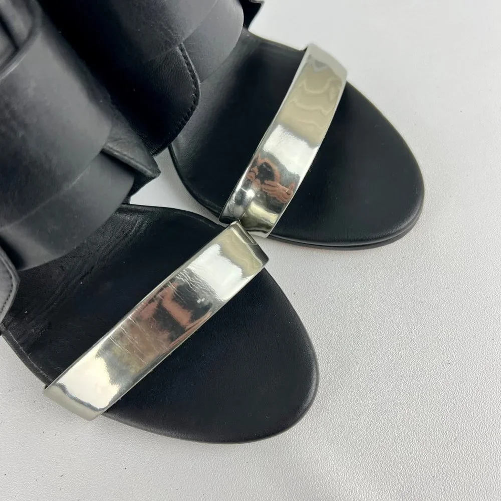 Vince Karima Wedge Mule Slide Sandals Black Leather Silver Detail size 8.5